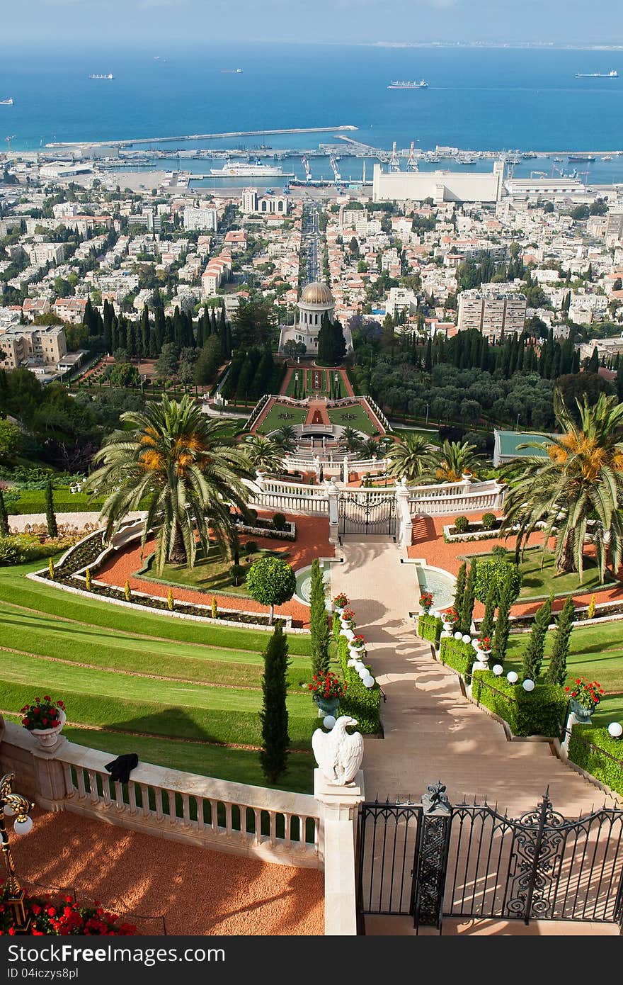 Beautiful vertical panoramic view of The Bahai Gardens in Haifa Israel