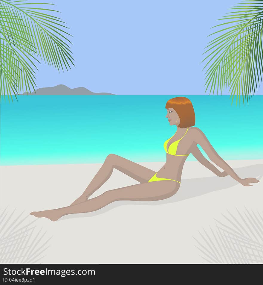 Beautiful redhead woman lying on a tropical beach. Beautiful redhead woman lying on a tropical beach