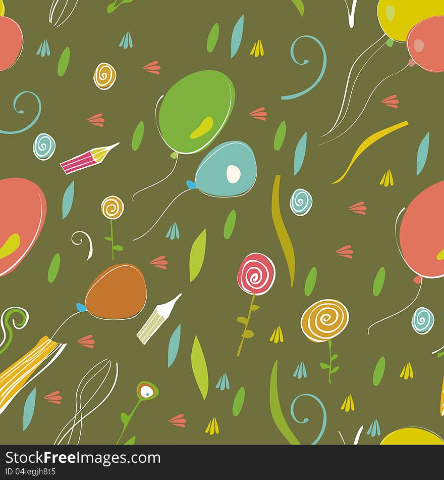 Wallpaper with balls and flowers children's theme. Wallpaper with balls and flowers children's theme