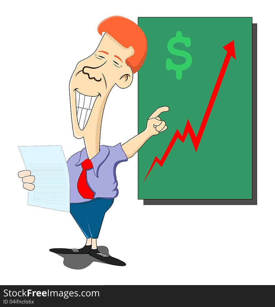 Happy businessman pointing to a chart showing rising profits
