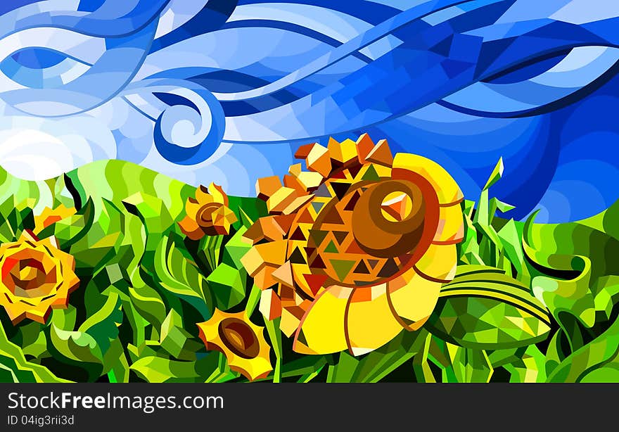 Vector illustration of abstract field with sunflowers