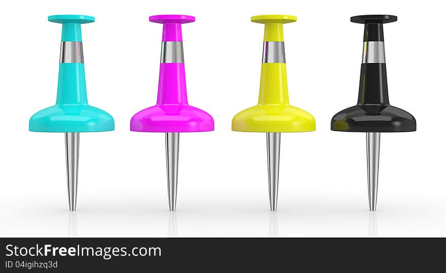 Front view of four pins with colors cyan, magenta, yellow and black, concept of cmyk color model (3d render)