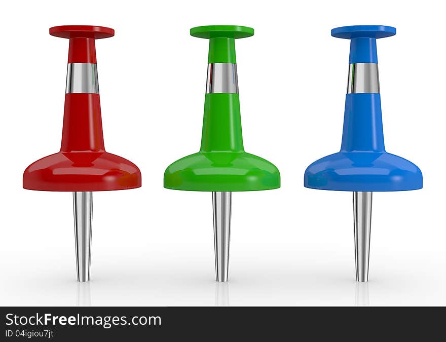 Front view of three pins on red, green and blue colors, concept of rgb (3d render). Front view of three pins on red, green and blue colors, concept of rgb (3d render)