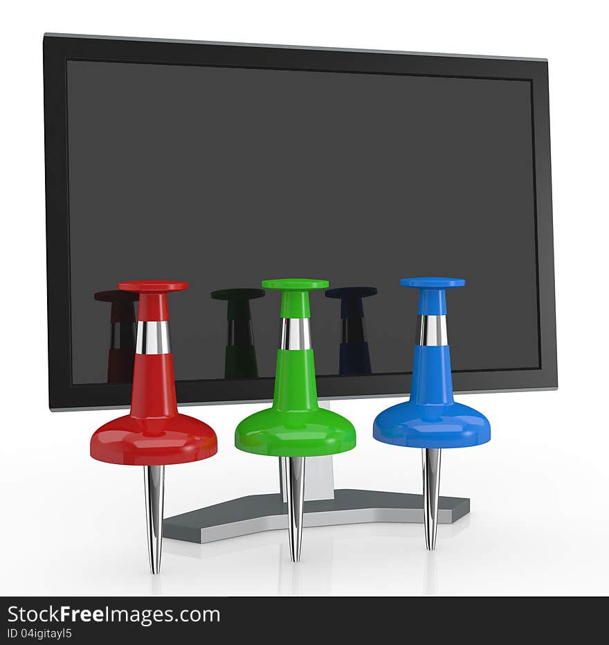 One computer monitor with three pins on red, green and blue colors, concept of rgb (3d render). One computer monitor with three pins on red, green and blue colors, concept of rgb (3d render)