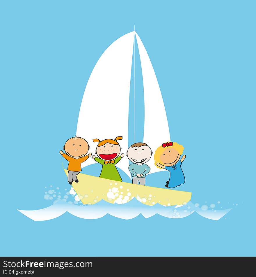 Small and happy kids on small boat