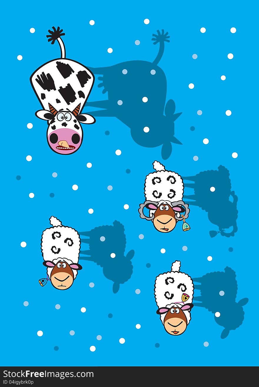 Cow and sheep in winter time