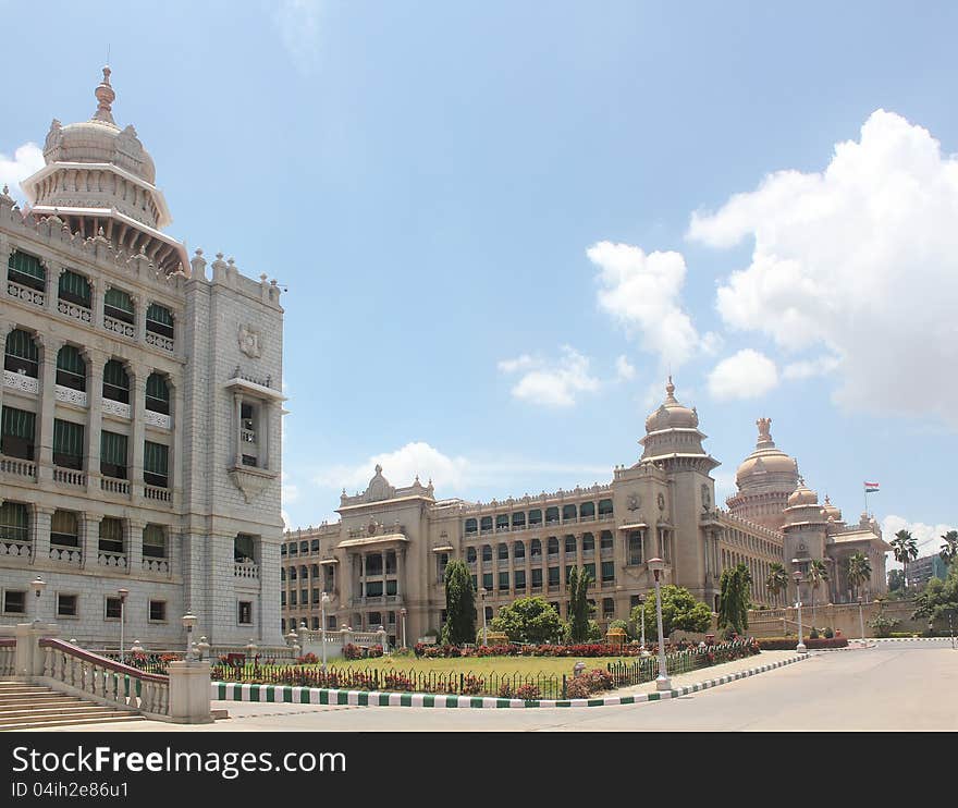 Landmark monuments & iconic structures of garden city of bangalore built using granite rocks - Karnataka legislative assembly buildings vidhana soudha & vikas soudha at cubbon park in bengaluru, India. Landmark monuments & iconic structures of garden city of bangalore built using granite rocks - Karnataka legislative assembly buildings vidhana soudha & vikas soudha at cubbon park in bengaluru, India