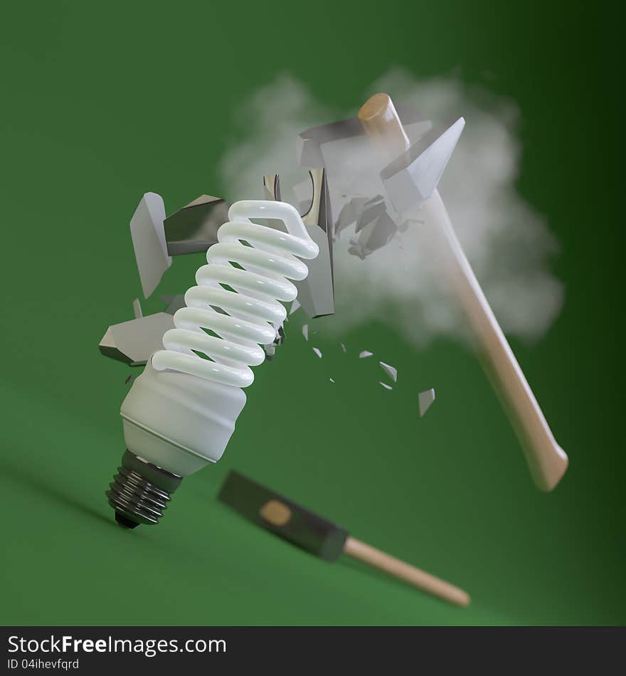 3D Render of a crashing hammer on an indestructible fluorescent light bulb