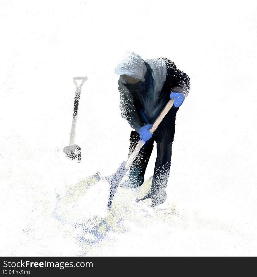 Man Shovels Snow from Sidewalk on Winter. Man Shovels Snow from Sidewalk on Winter