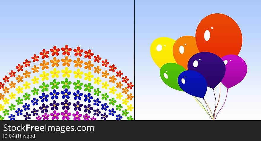 Rainbow colors. Two rainbows made of balloons and flowers.