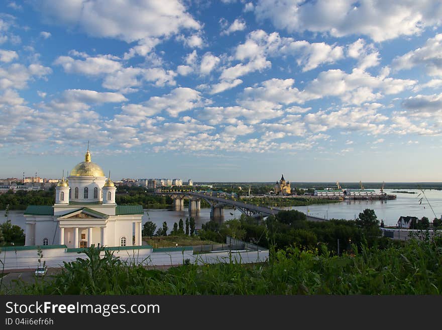 The Annunciation monastery in Nizhny Novgorod, the river Oka, subway bridge