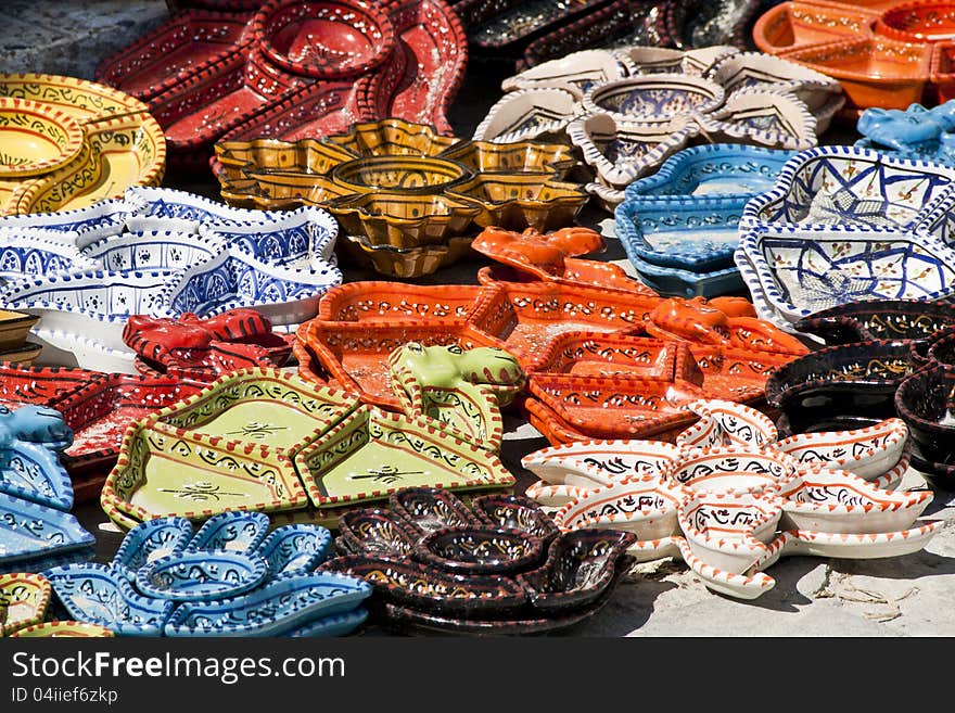 Tunisian hand painted ceramics on marketplace in Hammamet