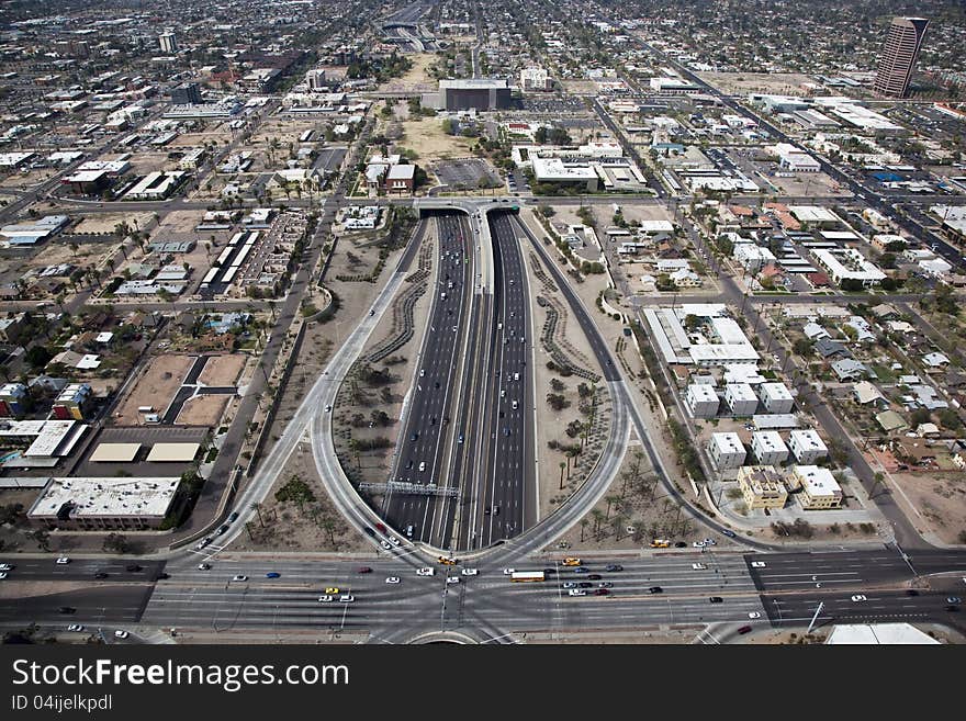 Aerial view of Interstate 10 at the deck park tunnel in Phoenix, Arizona