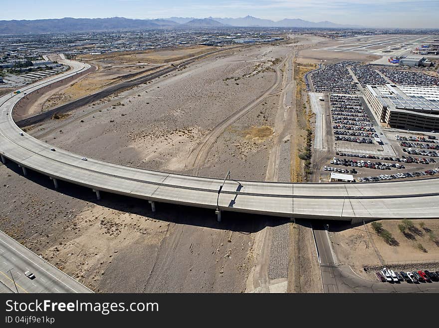 Aerial view of the bridges of State Routes 143 and 153 over the dry Salt River bed in Phoenix, Arizona. Aerial view of the bridges of State Routes 143 and 153 over the dry Salt River bed in Phoenix, Arizona