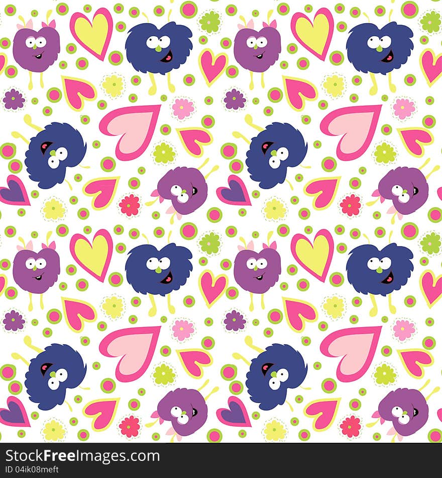 Fun vector seamless background with monsters and hearts. Fun vector seamless background with monsters and hearts