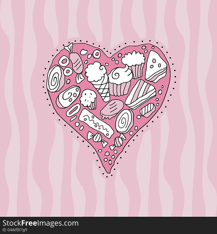 Doodle heart background with cookies and sweets