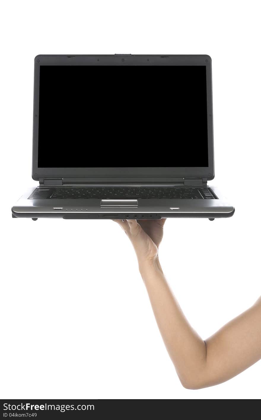 Black laptop hold by woman hand isolated over white background. Black laptop hold by woman hand isolated over white background