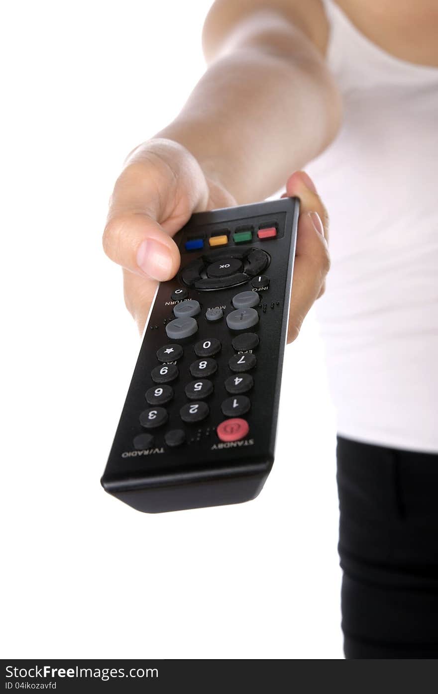 Woman holding remote control television isolated over white background