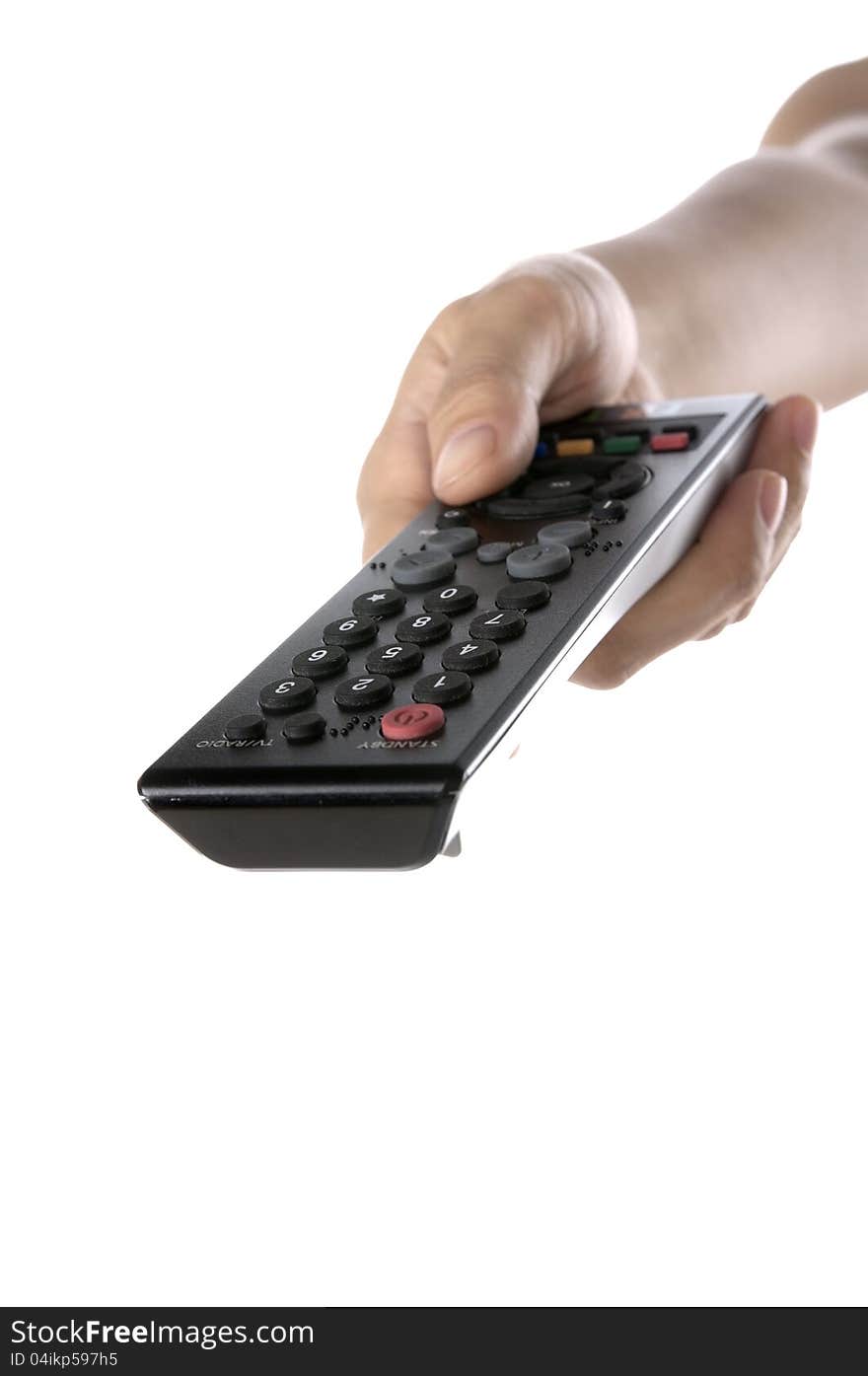 Woman holding remote control television isolated over white background