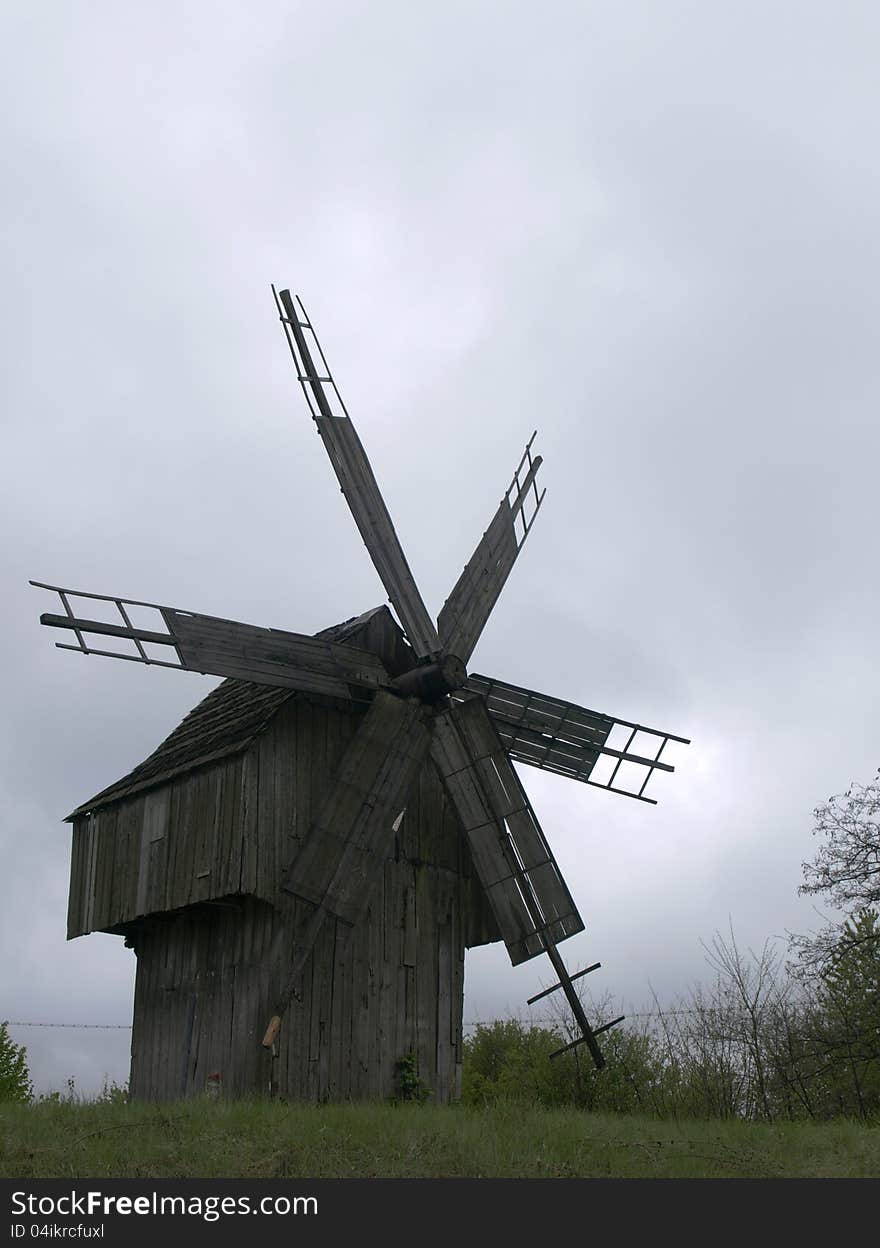 Old wooden windmill in Khotyn, Ukraine