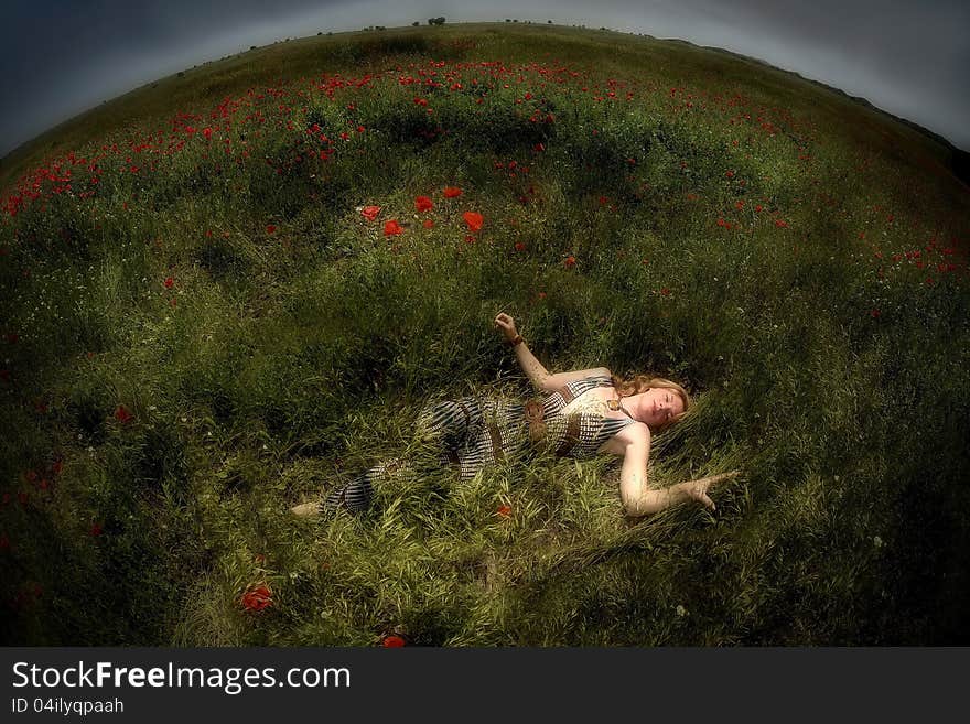 The girl was asleep in a field of poppies. The girl was asleep in a field of poppies.