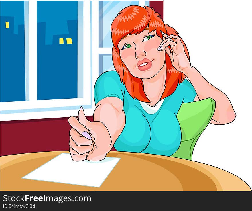 Young beautiful girl sits at a table near a window in a reverie. Before her on the table a sheet of paper. In the window is visible evening city. Illustration made in the style of comics. Background on separate layer. Young beautiful girl sits at a table near a window in a reverie. Before her on the table a sheet of paper. In the window is visible evening city. Illustration made in the style of comics. Background on separate layer.