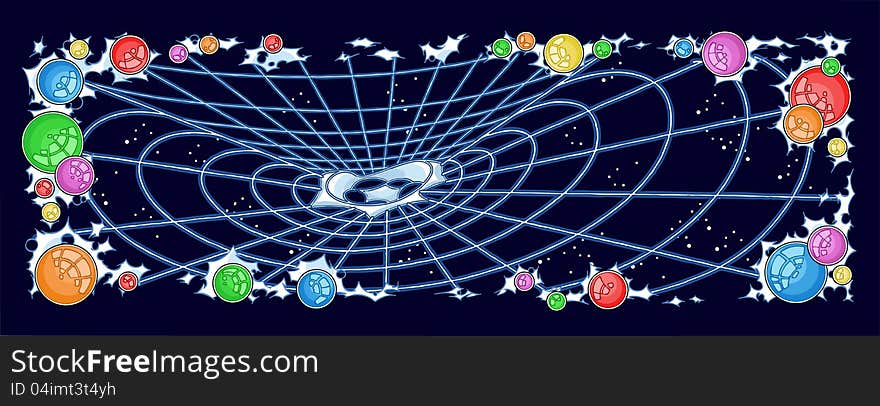 The illustration shows the web in a space. The stars and planets are around it. Illustration done on separate layers.