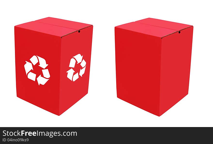 Two empty eco-friendly cardboard boxes in bright red color, one with plain sides and the other with white recycle symbol, made of recycled and waste paper and ready for packaging. Two empty eco-friendly cardboard boxes in bright red color, one with plain sides and the other with white recycle symbol, made of recycled and waste paper and ready for packaging