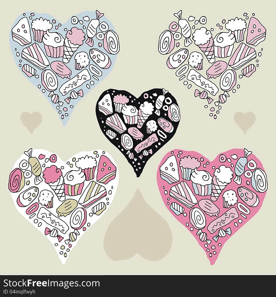 Doodle hearts set with cookies and sweets