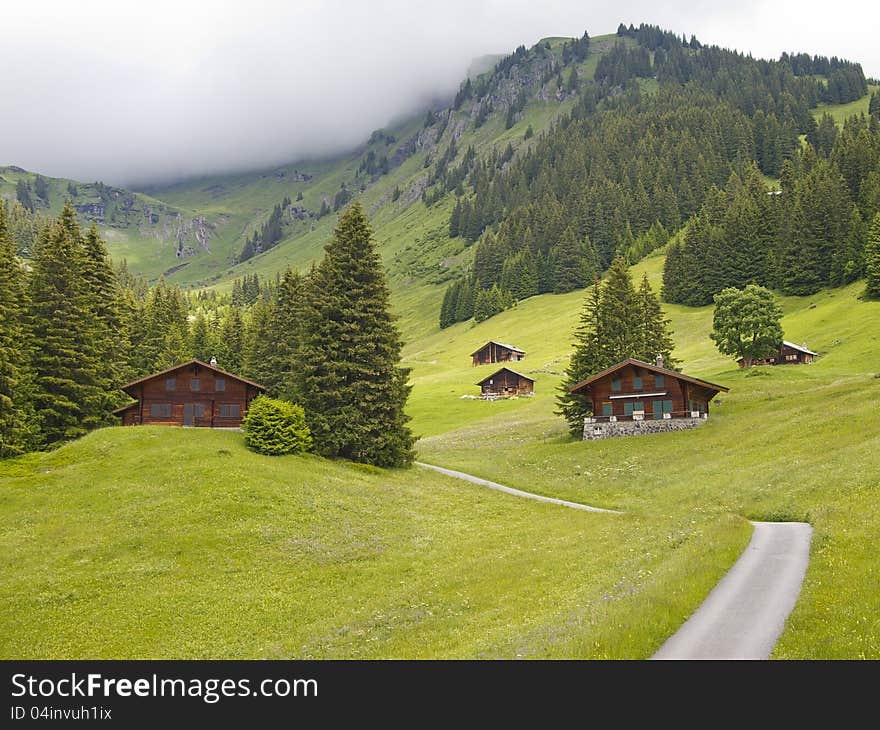 Swiis chalet in the valley of Switzerland