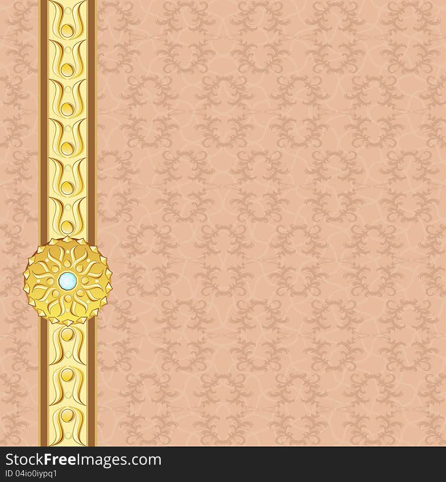 Golden border and medallion with gem over vintage background. Golden border and medallion with gem over vintage background