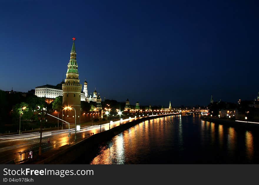 Night Moscow and night fires headlights street lamps