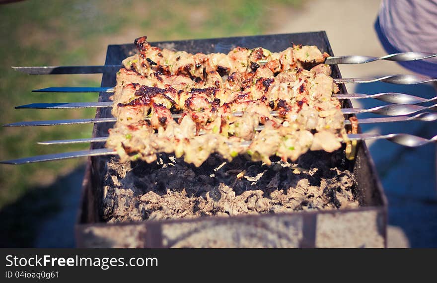 Juicy slices of meat with sauce prepare on fire (shish kebab). Juicy slices of meat with sauce prepare on fire (shish kebab)