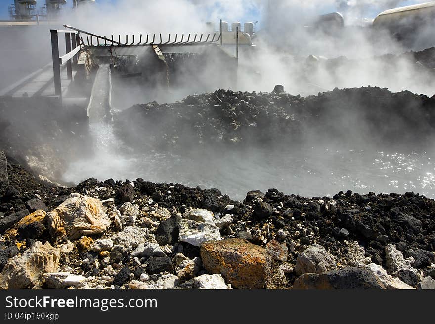 Svartsengi geothermal power plant in Iceland. Focus is on the foreground.