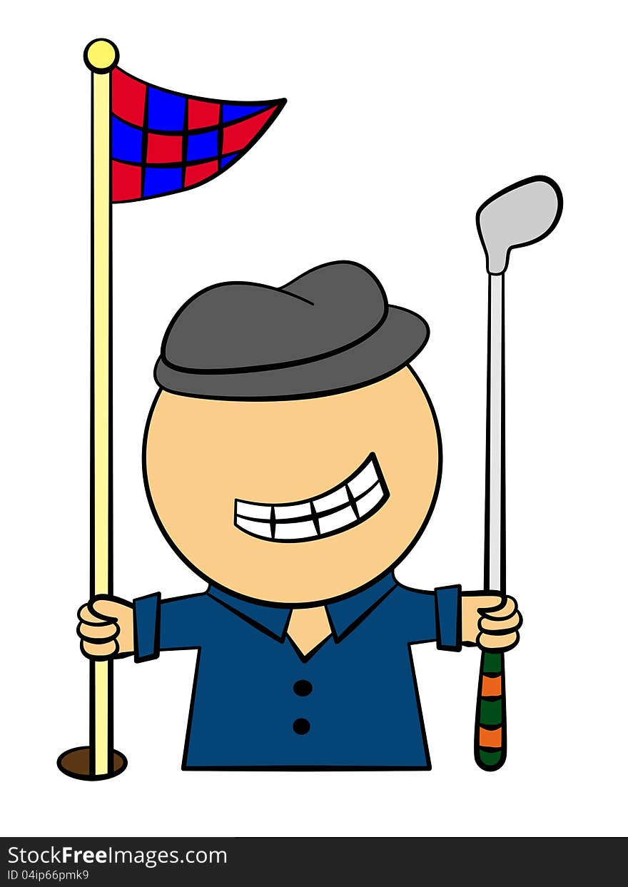 A cartoon golfer holding a golf club and a flag