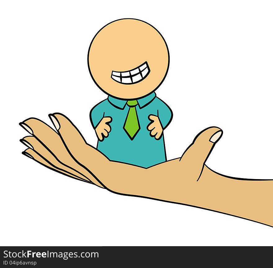 A smiling cartoon business man being held by a giant hand. A smiling cartoon business man being held by a giant hand