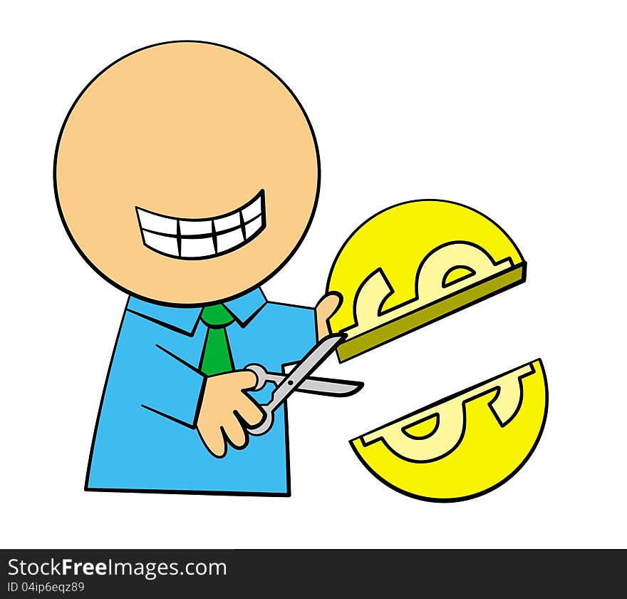 A cartoon illustration of a businessman cutting a coin with a scissor. A cartoon illustration of a businessman cutting a coin with a scissor