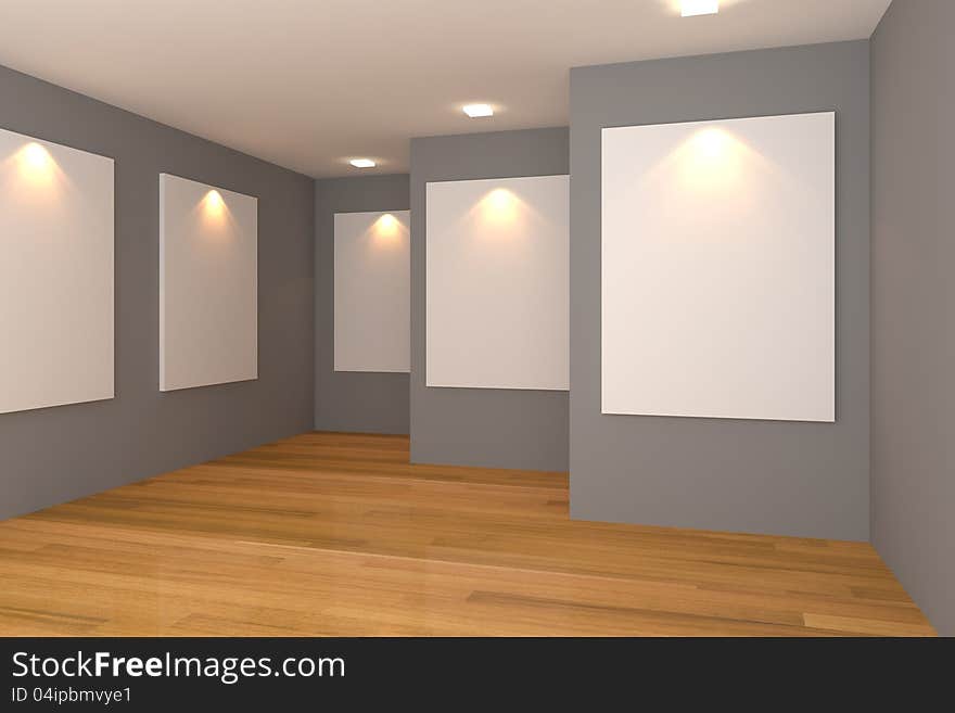 Empty room interior with white canvas on a gray wall in the gallery. Empty room interior with white canvas on a gray wall in the gallery.