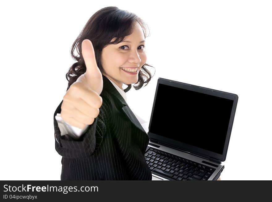 Woman happy giving thumbs up with excited expression. She using laptop pc isolated over white background. Woman happy giving thumbs up with excited expression. She using laptop pc isolated over white background