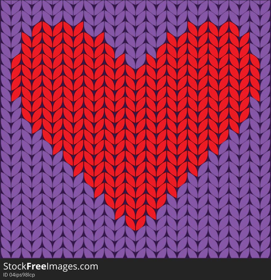 Knitted red heart on lilac background. Knitted red heart on lilac background