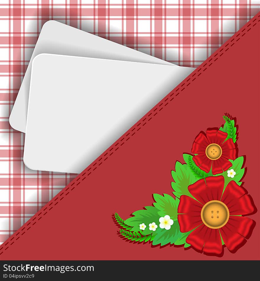 Beautiful red background with flowers and cards for notes. Beautiful red background with flowers and cards for notes