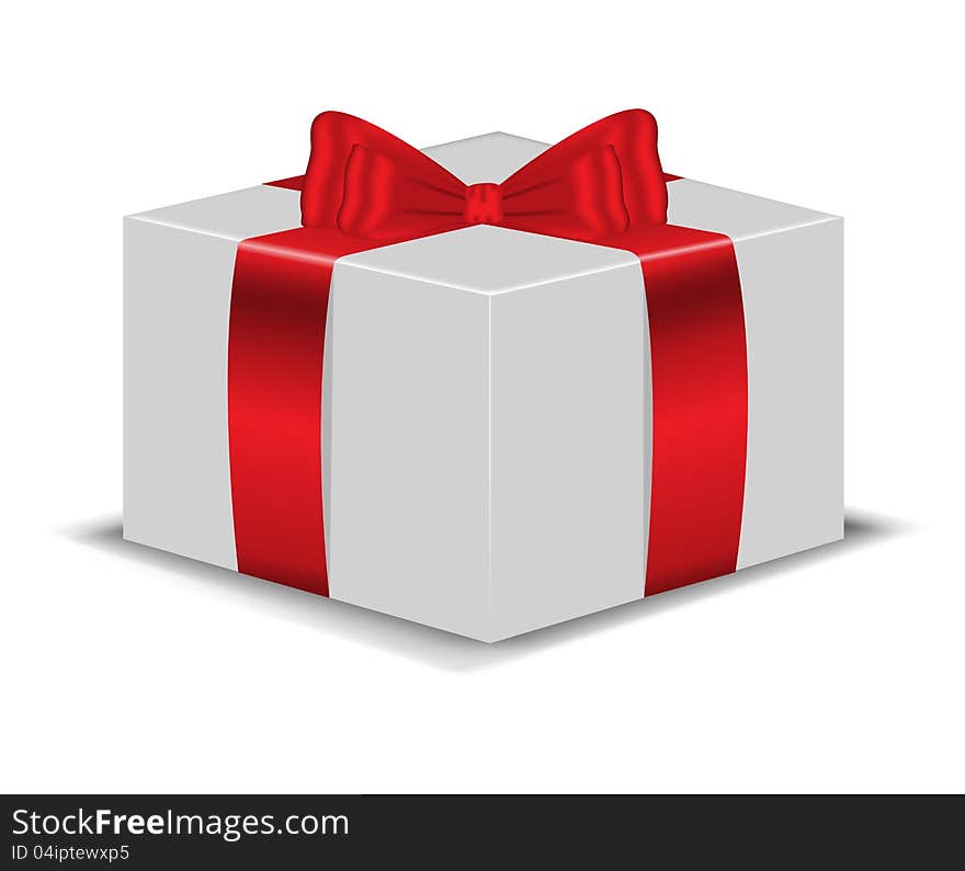 White gift box with a shiny red bow on white background. White gift box with a shiny red bow on white background