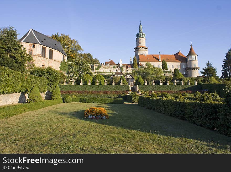 Palace complex with gardens and blue sky. Palace complex with gardens and blue sky