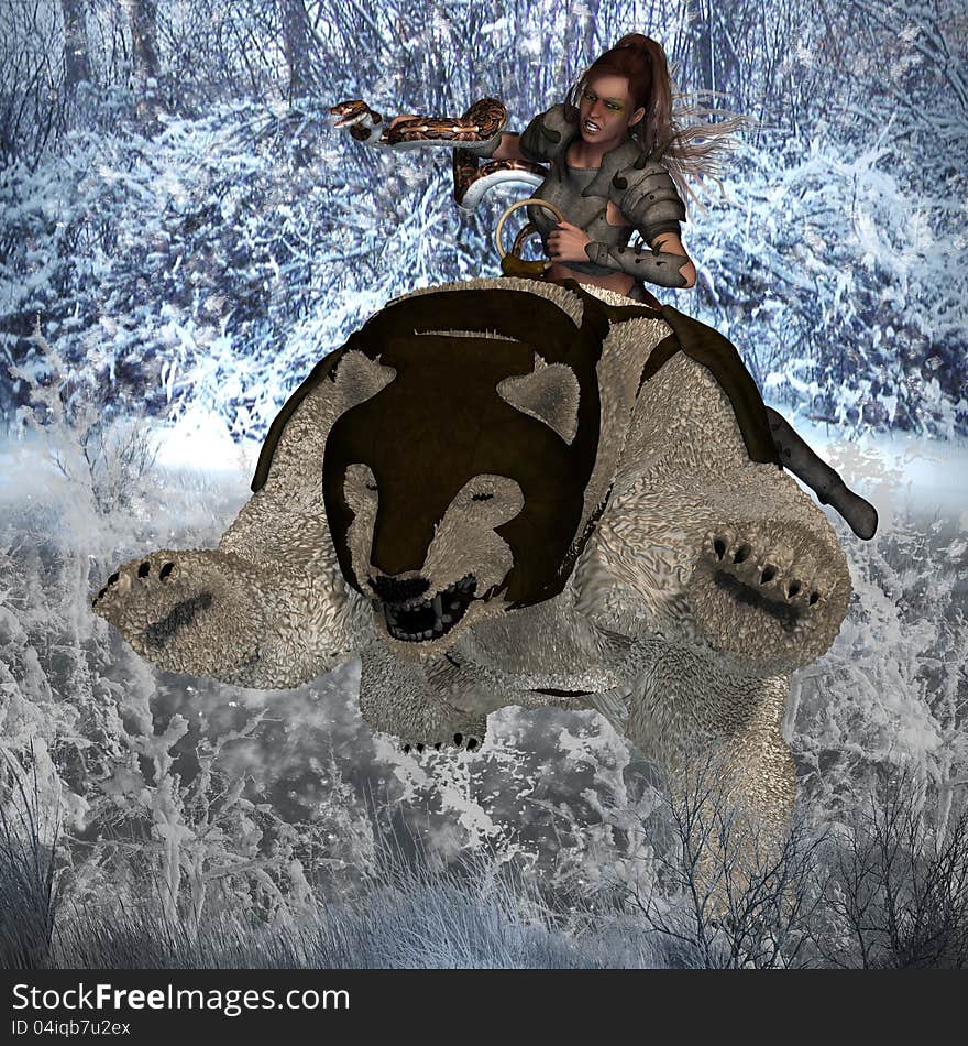 German female warrior charges through the winter snow on her trusty polar bear steed. Clipping Path included. German female warrior charges through the winter snow on her trusty polar bear steed. Clipping Path included.