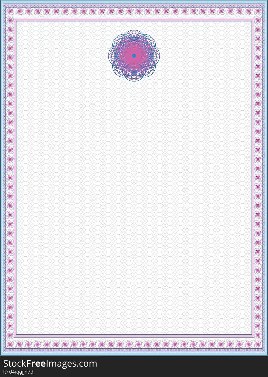 Blank greeting card form on the vertical position, the color pink and blue. The pattern is designed as a simulation of guilloche grid