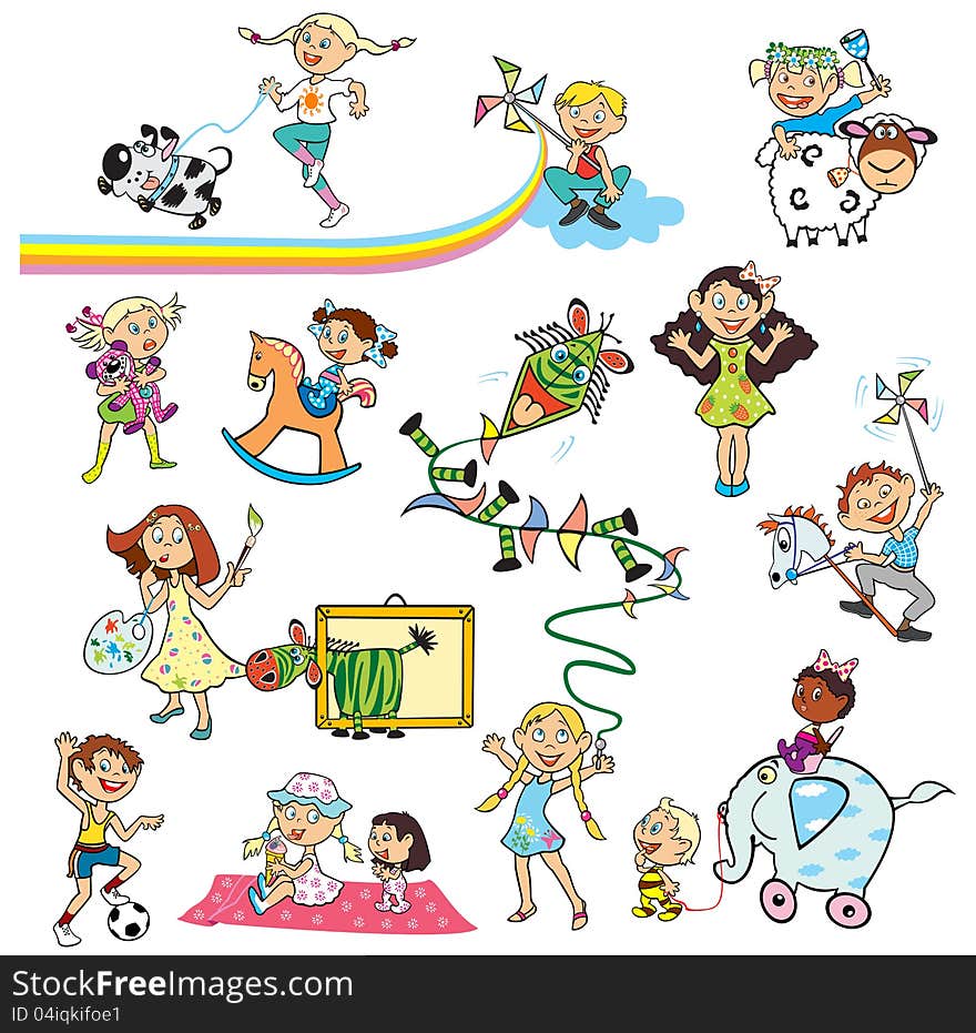 Collection with happy children,isolated vector pictures on white background,children illustration. Collection with happy children,isolated vector pictures on white background,children illustration