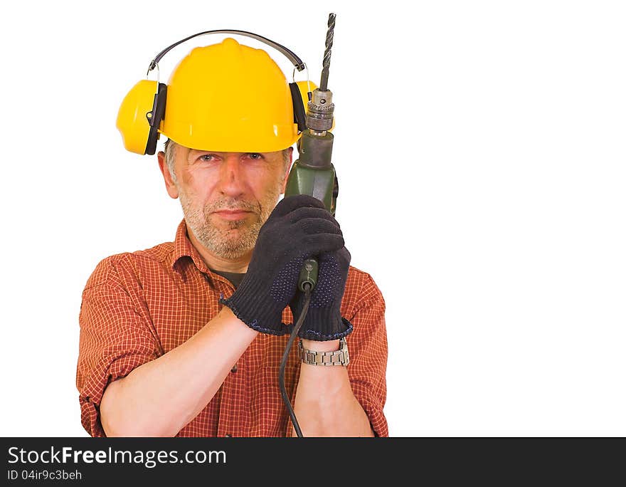 Horizontal image showing a matured, beardy worker with a wrinkled face, wearing a yellow helmet,a shirt and gloves. His face dirty,  he keeps a drill in his hands. Horizontal image showing a matured, beardy worker with a wrinkled face, wearing a yellow helmet,a shirt and gloves. His face dirty,  he keeps a drill in his hands.