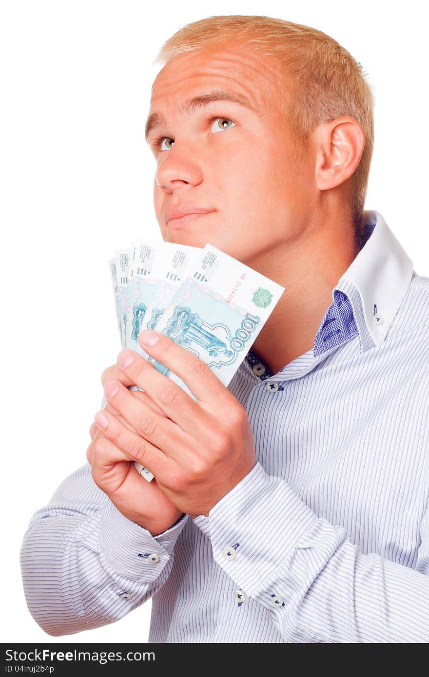 A young businessman with russian money the hands