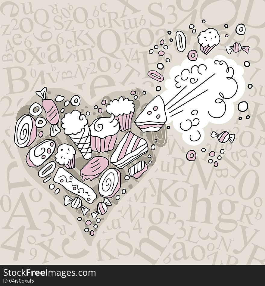 Exploding heart full of sweets, on random letters background. Exploding heart full of sweets, on random letters background