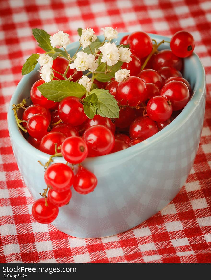 Bowl of red currant isolated on rustic napkin